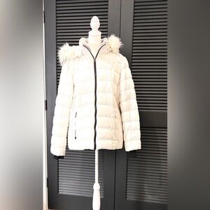 Women's White Nautica Puffer with Faux Fur Hood
